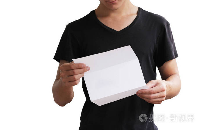 看空白色传单小册子小册子的男人单张介绍