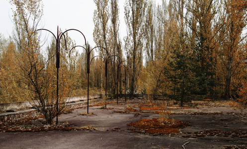 乌克兰切尔诺贝利市的红林。被遗弃的镇