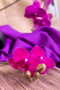 木制的背景上的紫色兰花的特写