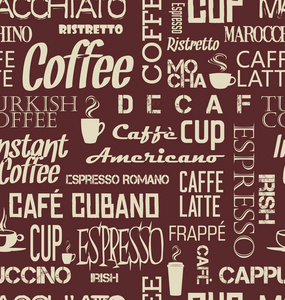 背景无缝瓷砖的咖啡的文字和符号