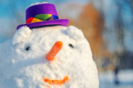 戴紫色帽子的雪人。面部肖像