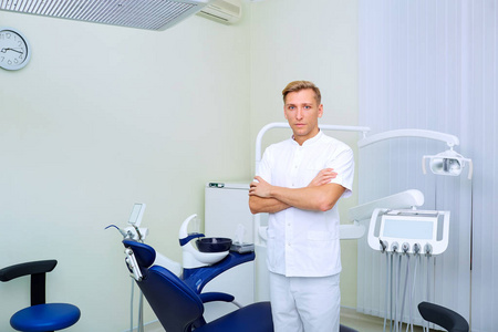 牙医在工作设备的背景的牙科诊所