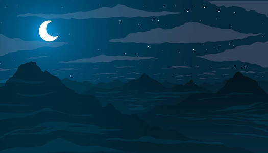 山区的夜晚。月亮星星和云之间