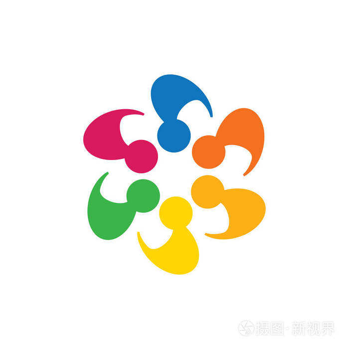 抽象多彩五个快乐的人作为环矢量标志图标