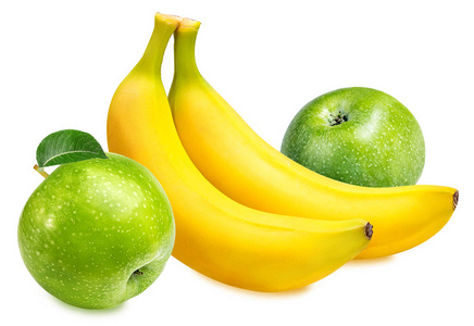 苹果丰收在望香蕉和苹果上白色孤立照片