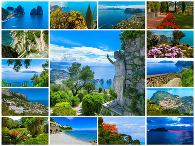 卡普里岛，美丽和著名岛屿在地中海海岸，那不勒斯。意大利。拼贴