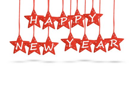 快乐的新年愿望与孤立的白色背景上的红色星星