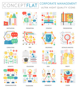 信息图表迷你概念公司管理的网站的图标。优质的色彩概念平面设计 web 图形图标元素。企业管理工具概念