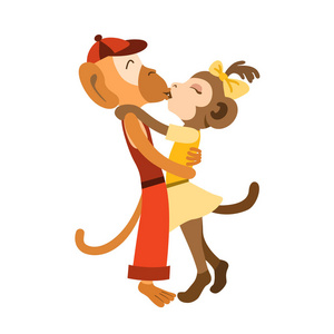 可爱的猴子的孩子站在拥抱和亲吻照片