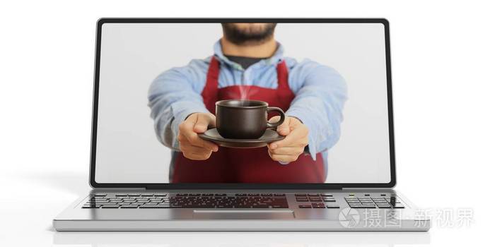 3d 渲染人提供咖啡通过笔记本电脑的屏幕