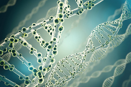 生物化学与 dna 结构在蓝色背景上的概念。3d 渲染医学概念