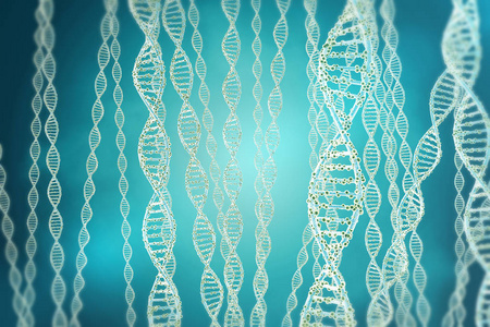 生物化学与 dna 结构在蓝色背景上的概念。3d 渲染医学概念