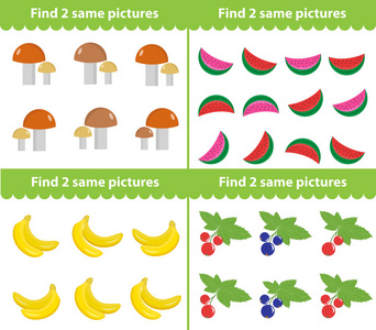儿童的教育游戏。找到两个相同的图片。矢量图