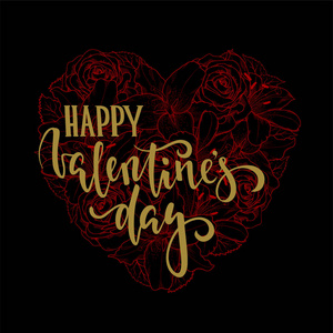 快乐的情人节手绘书法和刷上黑色和红色花的心的钢笔刻字