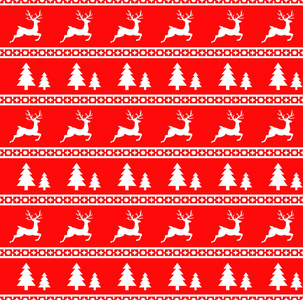 矢量图的圣诞驯鹿和云杉无缝模式。红色背景。它可用于一件毛衣，包装纸 包装等的设计