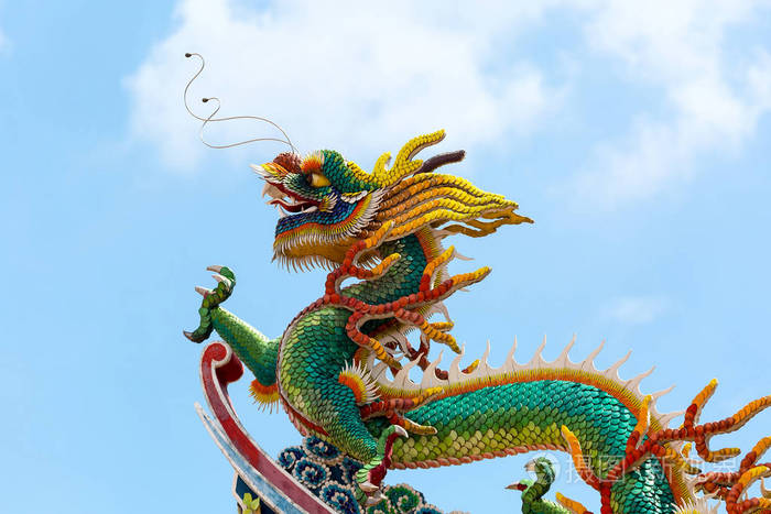 中国龙在寺庙的屋顶上