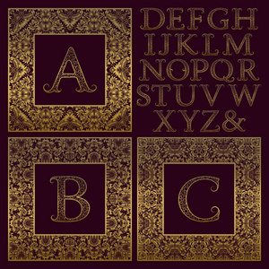 老式的会标套件。金色图案的字母和用于创建初始徽标的仿古风格华丽方形框架