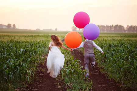 新婚夫妇在字段与气球