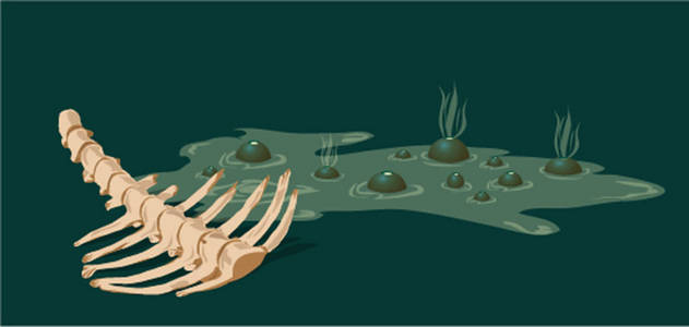 脊椎骨用飞溅,烟雾和动物脊椎骨绘制的深度致命沼泽的卡通画矢量插图