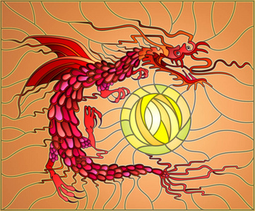 在彩色玻璃风格的红色,具翅龙和太阳在天空中的插图照片