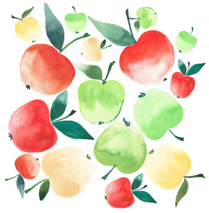 多汁成熟的苹果红黄色和绿色的颜色水彩素描