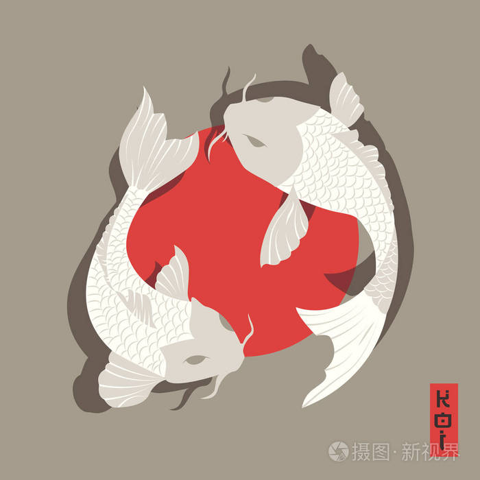 两个鲤鱼锦鲤鱼游泳绕着太阳转,传统的日式风格插画-正版商用图片0wte