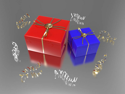 3d 图两个蓝色红色礼品和纸屑