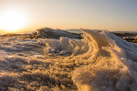 融化的雪冰冷的海浪，夕阳的余晖