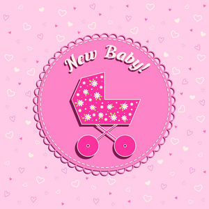 女孩与粉红色背景与心灵上的婴儿车新生儿生日的搞笑矢量卡