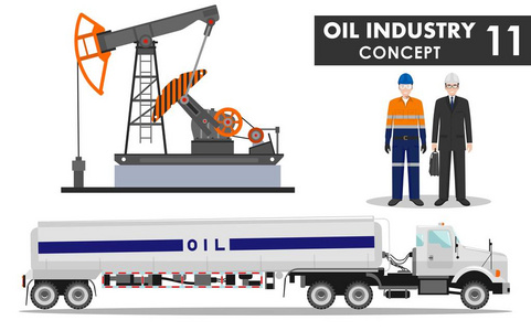 石油行业概念。汽油车 油泵 商人 工程师和工人在白色背景上的平面样式的详细的说明。矢量图