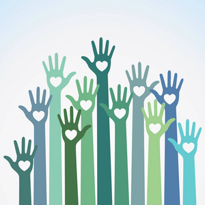 绿色蓝色多彩关心起双手心向量标志设计元素。与心会徽图标为教育 卫生保健 医疗 志愿者，志愿者举起手来投票
