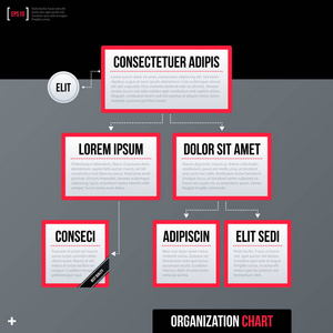 现代企业组织图表模板，白色带有灰色背景的红色边框矩形。公司的中性风格