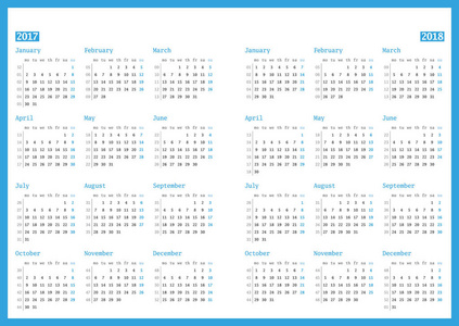 2017 年和 2018 年白色背景上的日历。矢量设计打印模板。每周星期一开始。文具设计