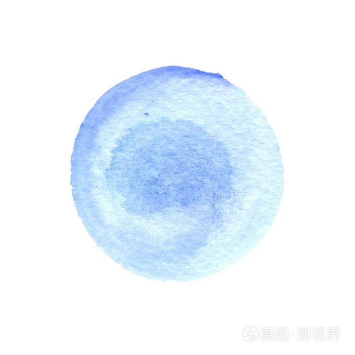 水彩浅蓝色的圆圈与孤立的白色背景上的毛边.画圆纹理的水彩污渍照片-