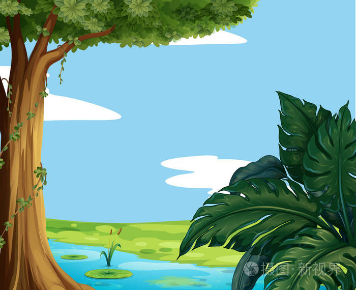 现场与池塘和那棵大树