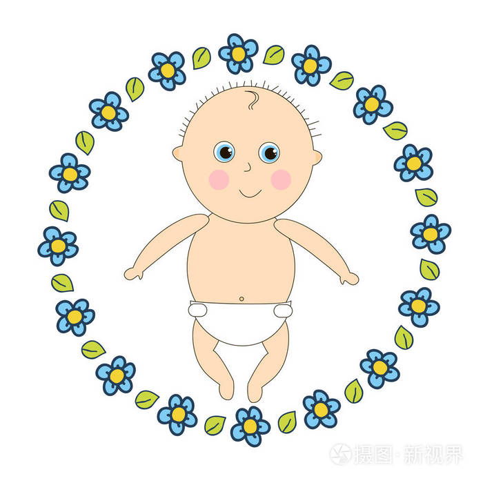 穿尿布的新生儿小婴儿在一个圆形的花框里