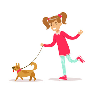 娘娘腔快乐的女孩,在经典的娘娘腔颜色衣服微笑的卡通人物,遛狗照片