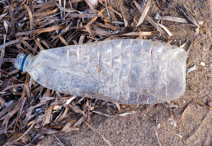 将压碎的塑料瓶倒在沙子上