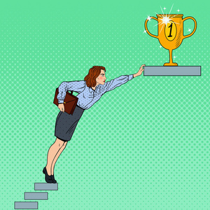 波普艺术的女商人努力想要达到的目标.矢量图照片