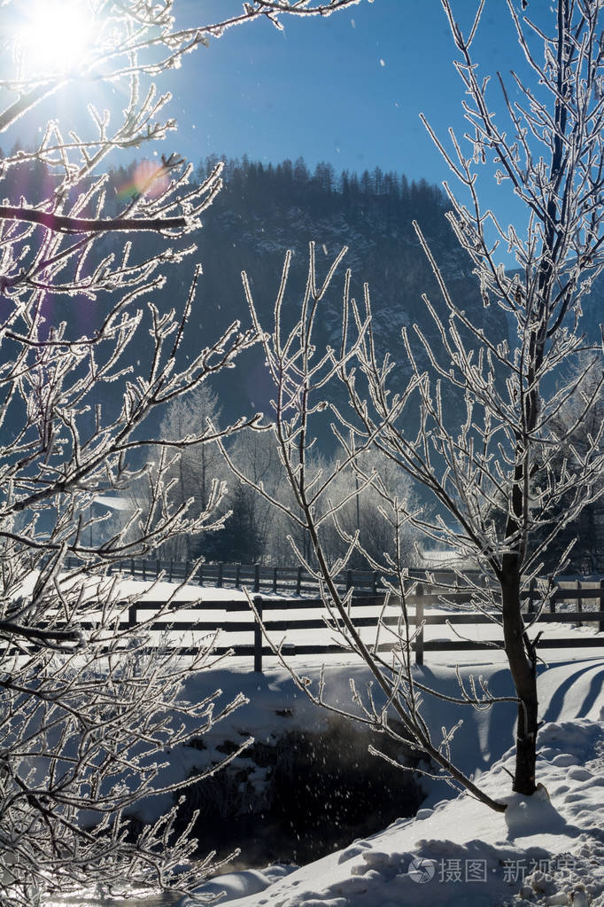 冬日晴山景观阳光灿烂的日子冬天的下降明亮的颜色冬天的森林森林河在