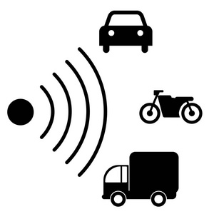 高速路雷达图标.通知交通符号孤立在白色与不同类型的车辆.