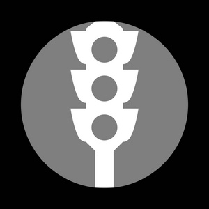 交通灯标志。中灰色圆圈在黑色背景白色图标