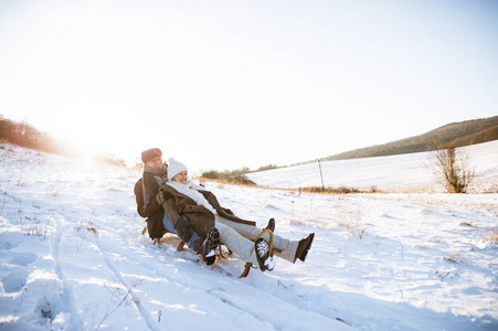 美丽的高级夫妇开心，冬日的雪撬上
