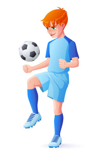 杂耍球矢量的年轻足球或足球的球员男孩