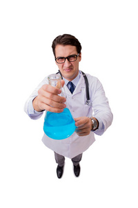 蓝色的液体上白色孤立的滑稽医生
