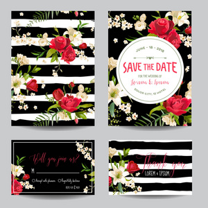 保存日期结婚请柬或祝贺卡组。在向量中的玫瑰和百合花卉主题