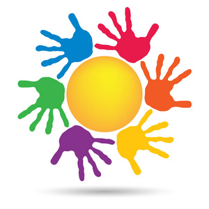 与七彩手印的黄色太阳照片