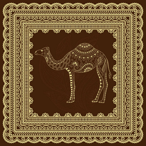涂鸦的指甲花设计与应用程式化骆驼和无缝边框。草绘海报，打印，或纹身。手绘制的矢量插画涂鸦动物
