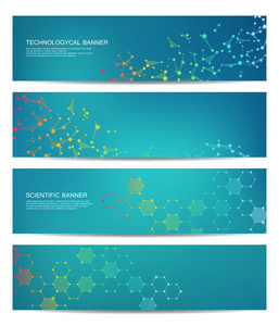 现代科学横幅的设置。分子结构 Dna 和神经元。抽象背景。医学 科学 技术 业务 网站模板。可缩放矢量图形