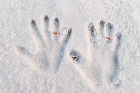 在与金结婚戒指雪手印